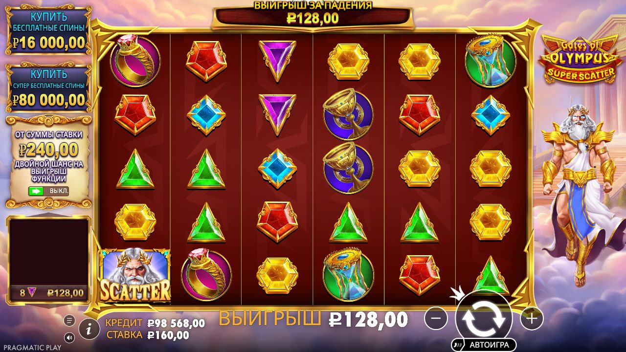 Интерфейс демо Gates of Olympus Super Scatter после выигрыша: слева панели двух покупок и анте, список выплат, внизу кредит, ставка и кнопки