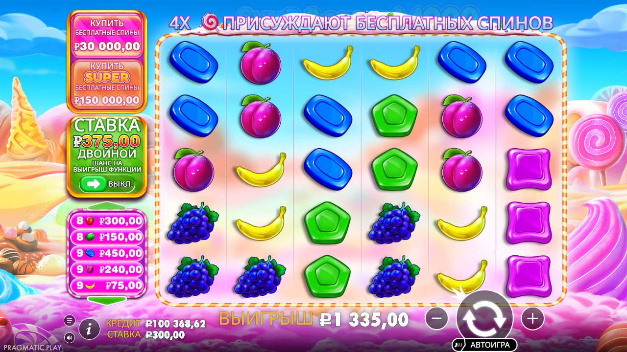 Интерфейс демо Sweet Bonanza 1000 после вращения с шестью выигрышами: слева панели покупок и анте, список выплат, внизу кредит, ставка и кнопки