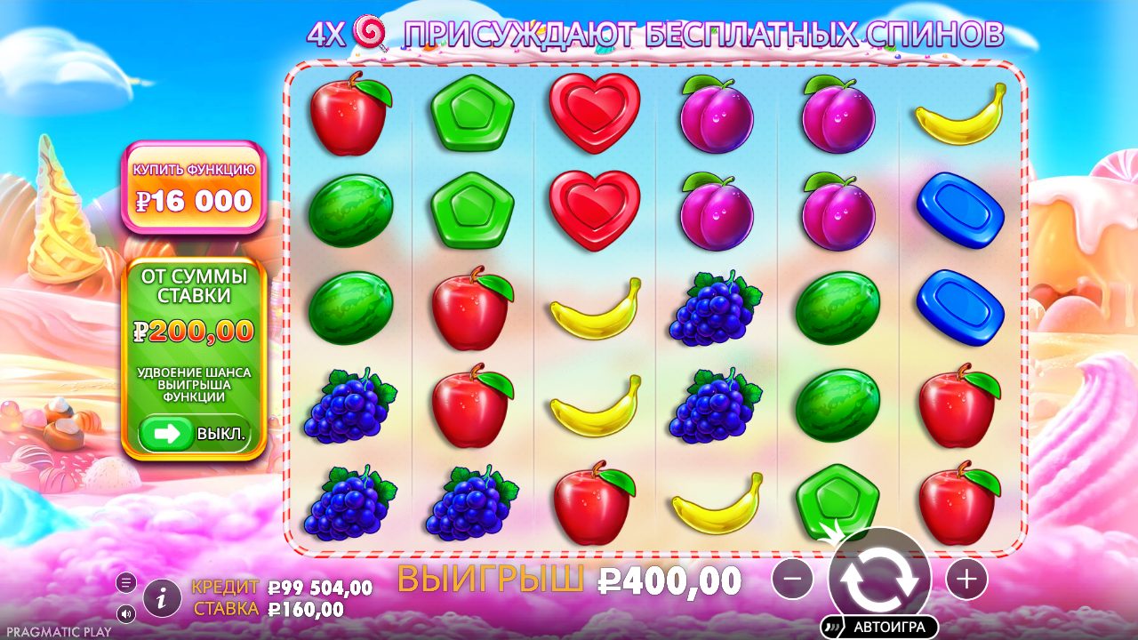 Интерфейс демо Sweet Bonanza после выигрышного вращения: слева панели покупки и анте, внизу кредит, ставка и кнопки, над полем подсказка про леденцы