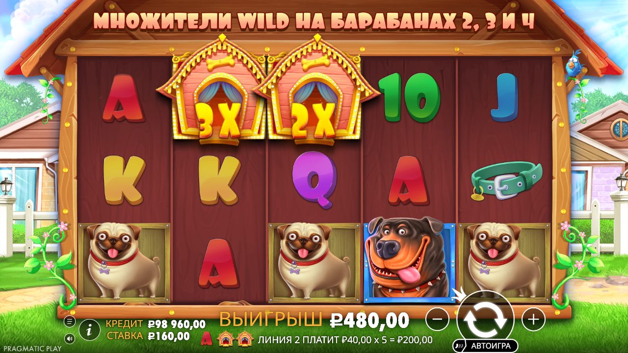 Интерфейс демо The Dog House после выигрышного вращения: два WILD с множителями 3x и 2x в верхнем ряду, подпись линии 2, внизу кредит, ставка и кнопки